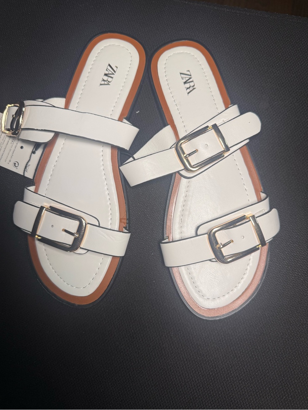 Zara White Double-Strap Slide Sandals with Gold Buckles